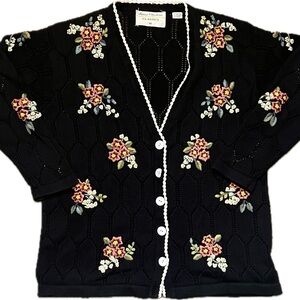 Marisa Christina Floral Embroidered Knit Cardigan Black Cottagecore Vintage M